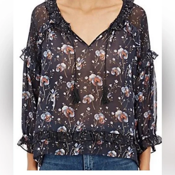 Ulla Johnson NWT Raine Blouse  Dark Floral 100% Silk Georgette Sheer Boho Top - Picture 9 of 9